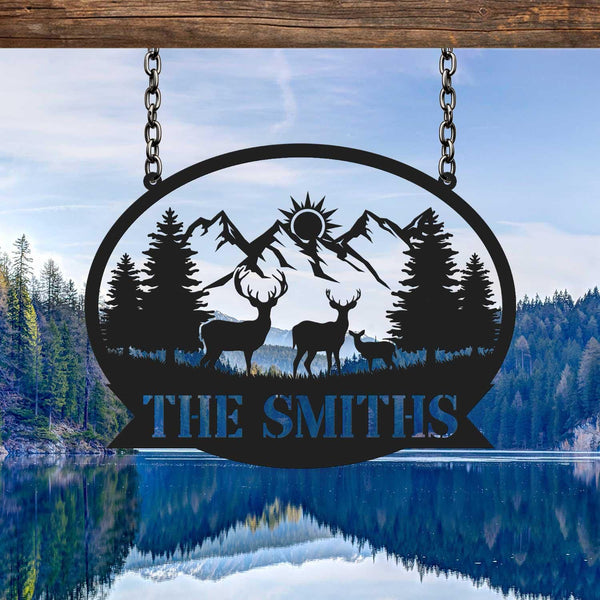 Custom Mountain Deer Metal Sign, Personalized Family Name Cabin Sign With Wildlife Scene, Deer Family Name Sign, Cabin Lodge Decor
