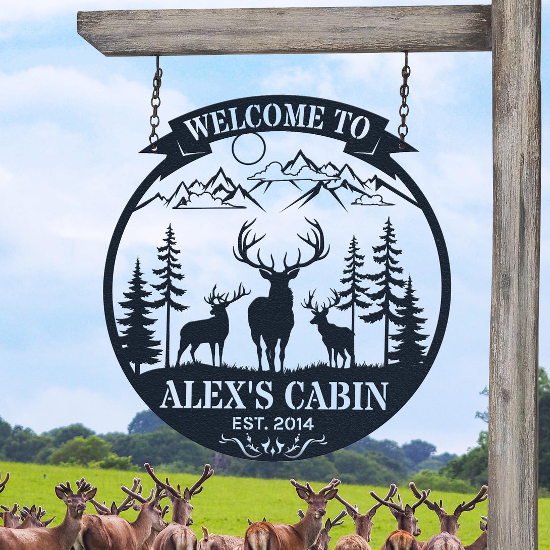 Custom Metal Deer Cabin Sign, Deer Hunter Gift, Custom Last Name Sign, Outdoor Decor, Man Cave Decor, Home Decor, Hunter Gift