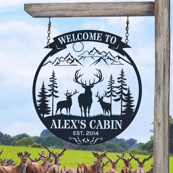 Custom Metal Deer Cabin Sign, Deer Hunter Gift, Custom Last Name Sign, Outdoor Decor, Man Cave Decor, Home Decor, Hunter Gift