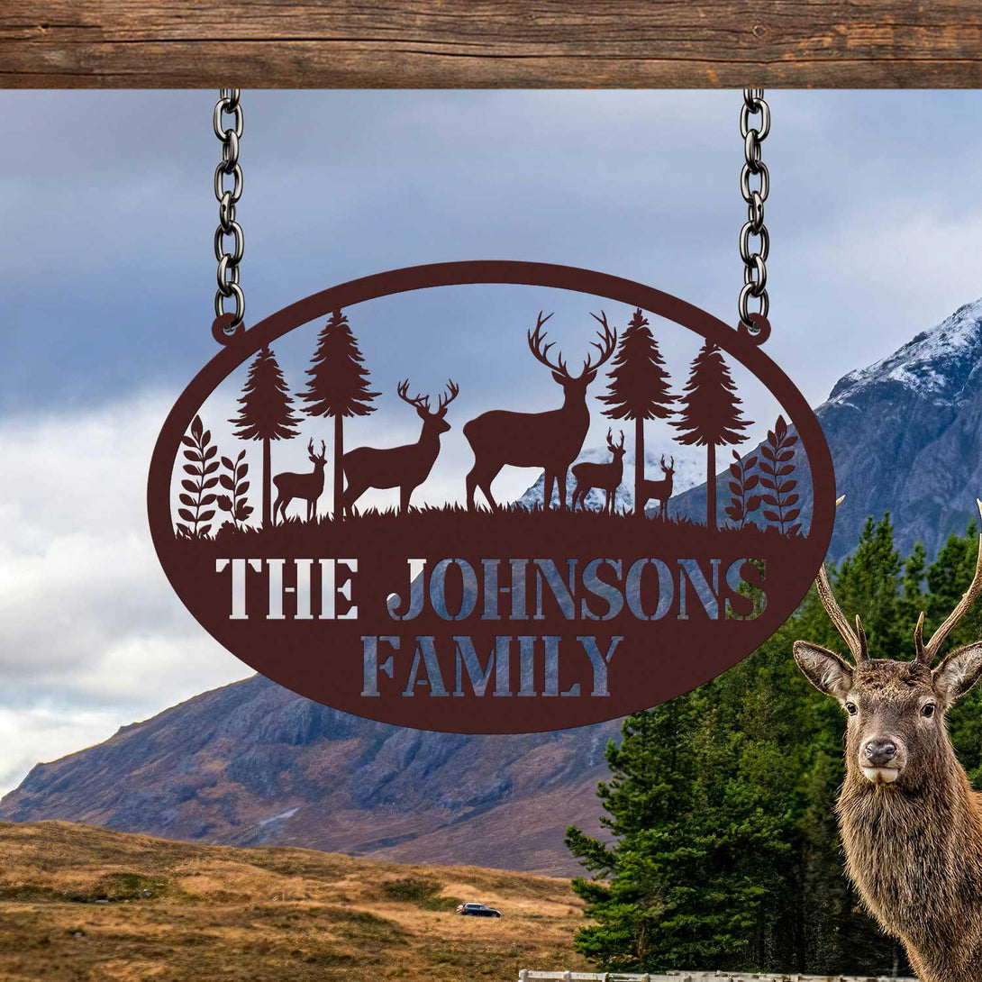 Personalized Cabin Sign With Name, Rustic Outdoor Decor, Custom Deer Family Metal Sign, Metal Deer Sign, Deer Family Name Sign, Farm Decor
