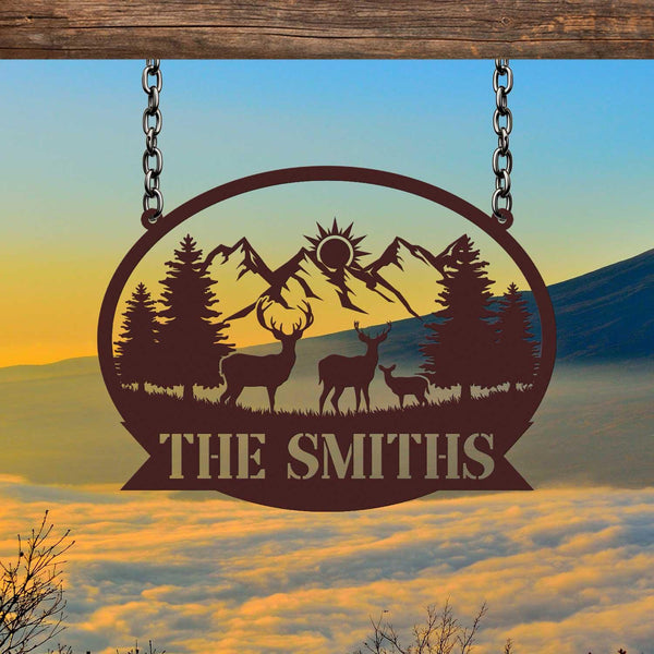 Custom Mountain Deer Metal Sign, Personalized Family Name Cabin Sign With Wildlife Scene, Deer Family Name Sign, Cabin Lodge Decor
