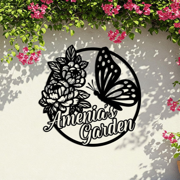 Custom Butterfly Garden Sign With Name, Garden Name Sign, Metal Floral Wall Art For Yard Or Patio, Metal Garden Sign, Butterfly Garden Lover