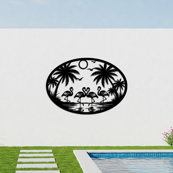 Flamingo Palm Tree Metal Sign, Flamingo Family Metal Decor, Beach House Palm Tree Tropical Wall Sign, Coastal Patio Decor, Summer Metal Sign