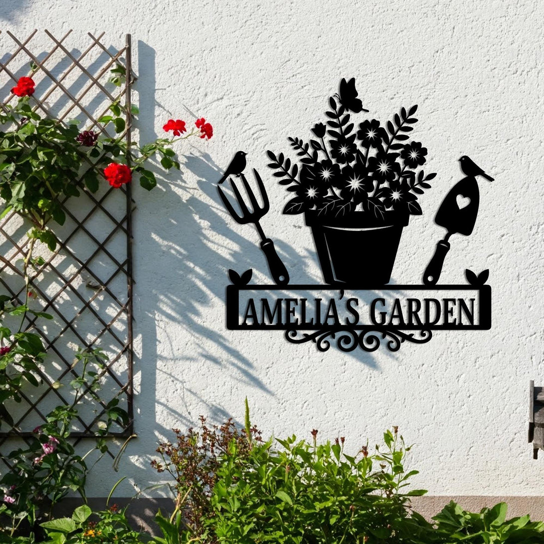 Custom Garden Name Sign, Garden Metal Sign, Metal Garden Sign With Name, Floral Pot & Tool Design For Yard, Gardening Decor,bird Garden Sign