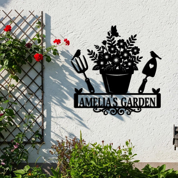 Custom Garden Name Sign, Garden Metal Sign, Metal Garden Sign With Name, Floral Pot & Tool Design For Yard, Gardening Decor,bird Garden Sign