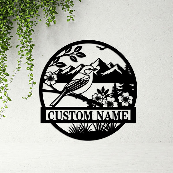 Metal Bird Sign With Custom Name, Bird And Flower Metal Sign, Bird Nature Sign, Mountain Forest Outdoor Decor, Garden Decor, Nature Gift