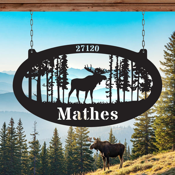 Personalized Metal Forest House Address Sign, Custom Moose Cabin Sign, Personalized Moose Forest Sign, Custom Name & Address Cabin Sign