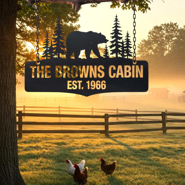 Personalized Cabin Metal Sign, Bear Cabin Sign, Custom Metal Bear Family Name Welcome Sign, Metal Lake House Cabin Sign, Rustic Lodge Decor