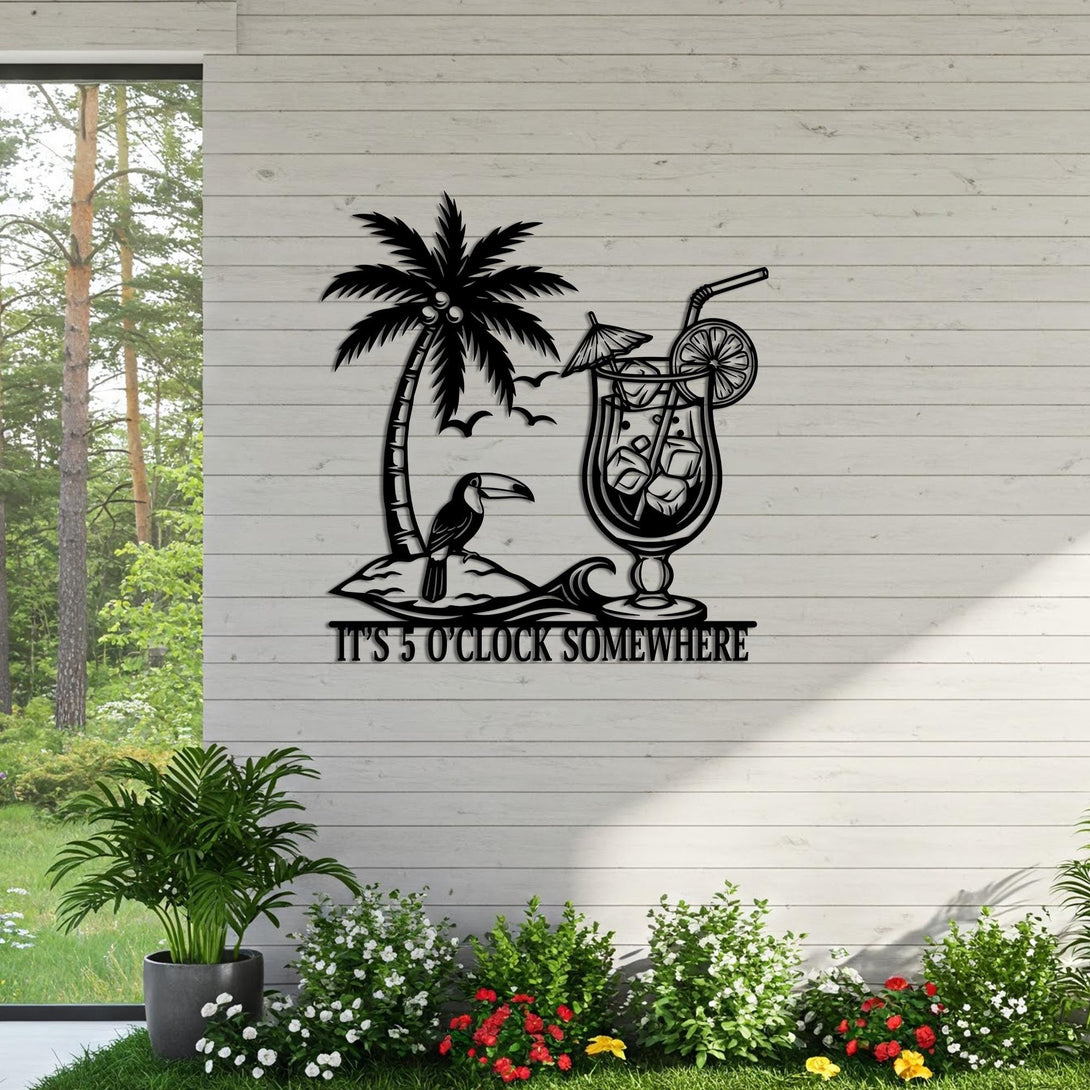 It's 5 O'clock Somewhere Metal Sign, Beach Bar Metal Sign With Cocktail And Toucan, Tiki Bar Wall Sign, Tropical Cocktail Bar Wall Art