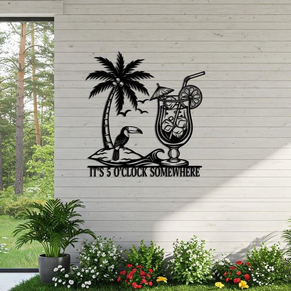 It's 5 O'clock Somewhere Metal Sign, Beach Bar Metal Sign With Cocktail And Toucan, Tiki Bar Wall Sign, Tropical Cocktail Bar Wall Art