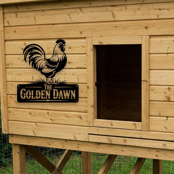 Custom Chicken Farm Metal Sign, Metal Rooster Farm Sign, Farm House Chicken Coop Sign, Family Name Hen House Sign, Golden Dawn Rooster Decor