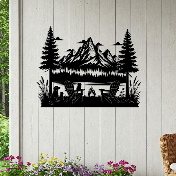 Camping Metal Sign, Campfire Metal Wall Art, Forest Lake Scene Wall Art, Nature Metal Sign,campfire And Pets Mountain Lake Scene Cabin Decor