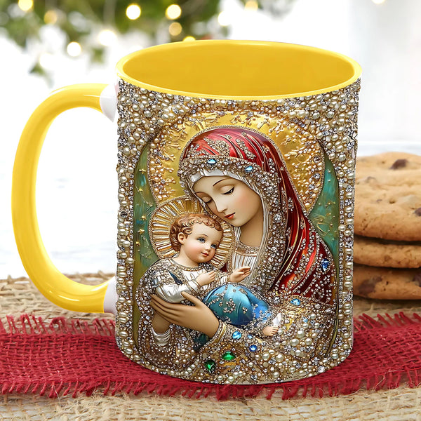 Mother Mary and Jesus Pearl Accent Mug, Religious Christian Coffee Cup, Catholic Faith Gift, Inspirational Prayer Mug
