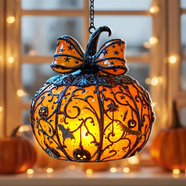 Halloween Pumpkin Lantern Acrylic Suncatcher - Hanging Light with Bats and Stars, Spooky Fall Home & Party Decoration