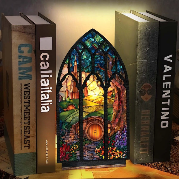 Gothic Fantasy Book Nook with LED Candle – Dragon Library Window, Cozy Reading Corner Bookshelf Decor, Gift for Book Lovers