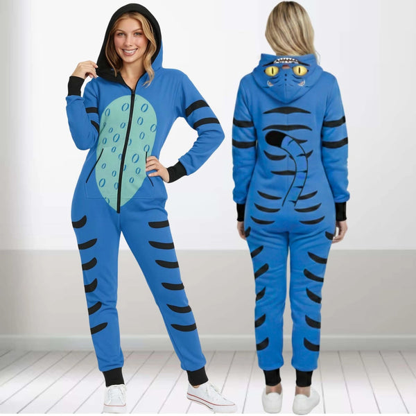 Blue Tiger Costume Hoodie Jumpsuit | Funny Tiger Cosplay Onesie for Adults & Kids | Halloween Animal Outfit, Family Matching Pajama Gift