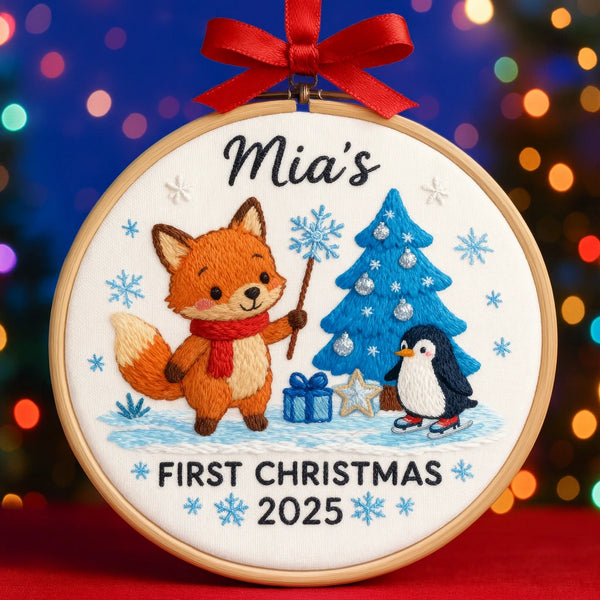 Personalized First Christmas Ornament 2025 – Fox and Penguin Embroidery Design