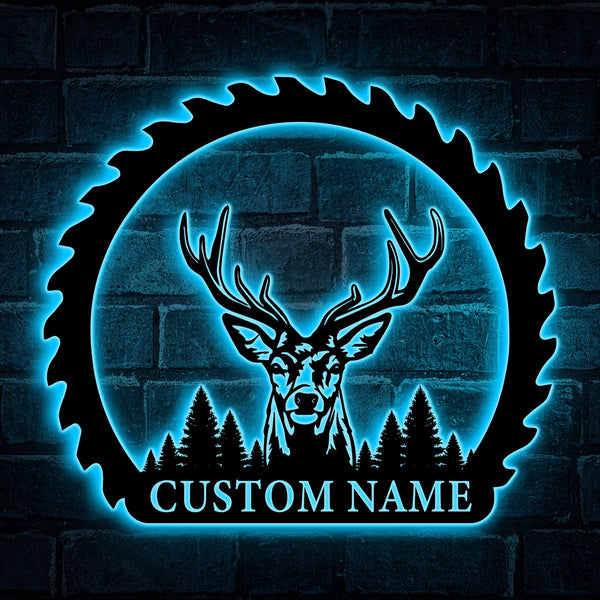 Personalized Deer Hunting Saw Blades Metal Wall Art Led Lights, Custom Hunter Metal Name Sign, Buck Head Deer Hunting Metal Cabin Decor