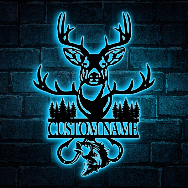 Custom Deer Hunting And Fishing Metal Signs Led Lights, Personalized Hunter Metal Name Signs, Wildlife Hunting Outdoor Metal Wall Art Decor