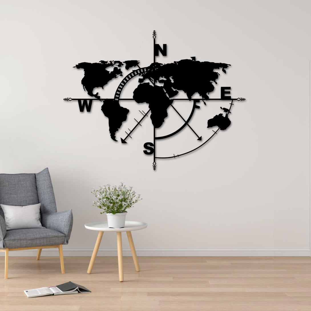 World Map Compass Metal Wall Art, World Map Globe Compass Adventure Metal Sign, World Map Office Metal Decor, Explore World Map Metal Wall Art
