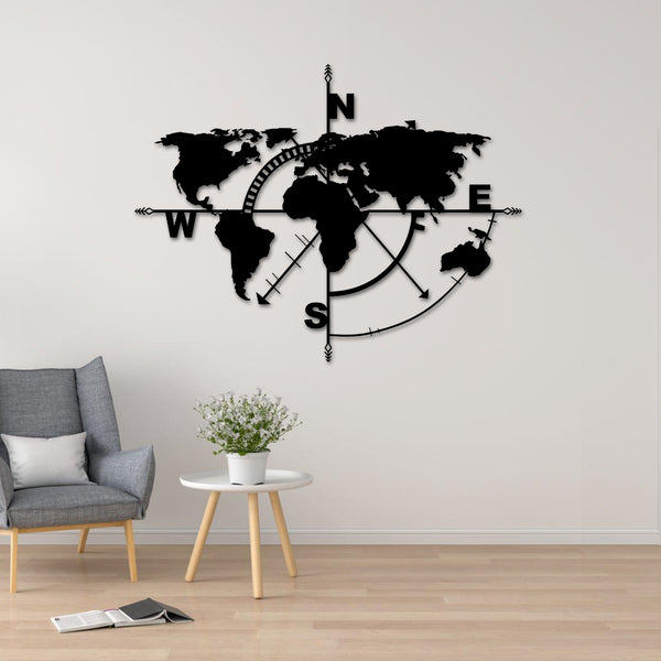World Map Compass Metal Wall Art, World Map Globe Compass Adventure Metal Sign, World Map Office Metal Decor, Explore World Map Metal Wall Art