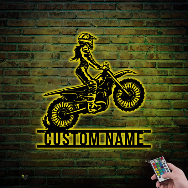 Custom Girl Motocross Biker Metal Sign Led Lights, Personalized Female Dirt Bike Metal Name Sign, Motorcycle Dirt Bike Racing Metal Wall Sign