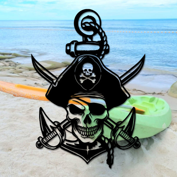 Pirate Skull Swords With Anchor Metal Wall Art, Crossed Swords Pirate Skull Metal Sign, Nautical Skeleton Piracy Metal Wall Hanging Home Decor