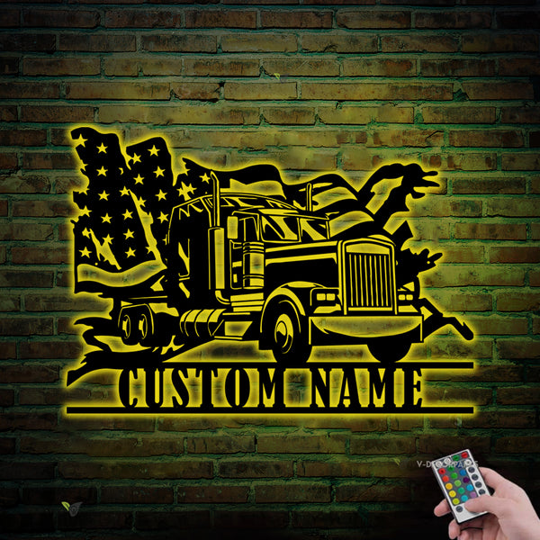 Custom Us Flag Semi Trailer Metal Sign With Led Lights, Personalized Semi Truck Driver Metal Name Sign, 18 Wheeler Semi Truck Metal Wall Sign