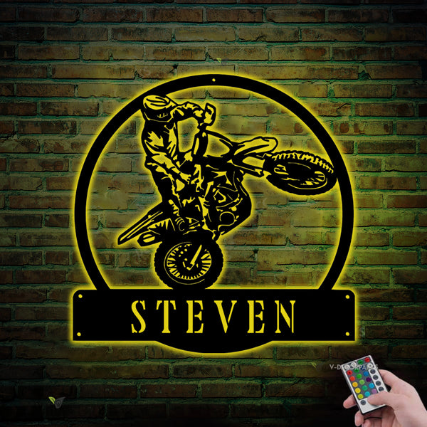 Custom Motocross Dirt Bike Monogram Metal Wall Art With Led Lights, Personalized Motocross Biker Metal Signs, Dirt Bike Metal Wall Decor