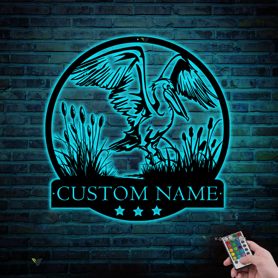 Custom American White Pelican Metal Sign Led Lights, Personalized Pelican Hunting Metal Wall Art, Cattail White Pelican Metal Sign Home Decor