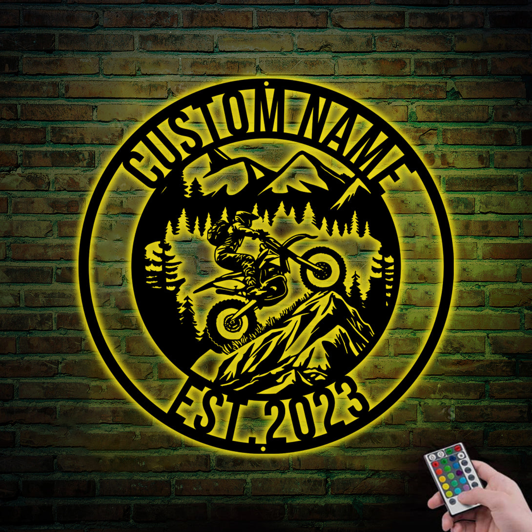 Custom Motocross Dirt Bike Metal Wall Art With Led Lights, Personalized Off-road Motorcycle Biker Metal Name Sign, Dirt Bike Racing Metal Sign Art