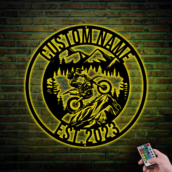 Custom Motocross Dirt Bike Metal Wall Art With Led Lights, Personalized Off-road Motorcycle Biker Metal Name Sign, Dirt Bike Racing Metal Sign Art