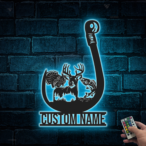 Custom Deer Turkey Hunting Fishing Hook Metal Wall Art Led Lights, Personalized Hunter Metal Name Sign, Wildlife Hunting Outdoor Metal Decor