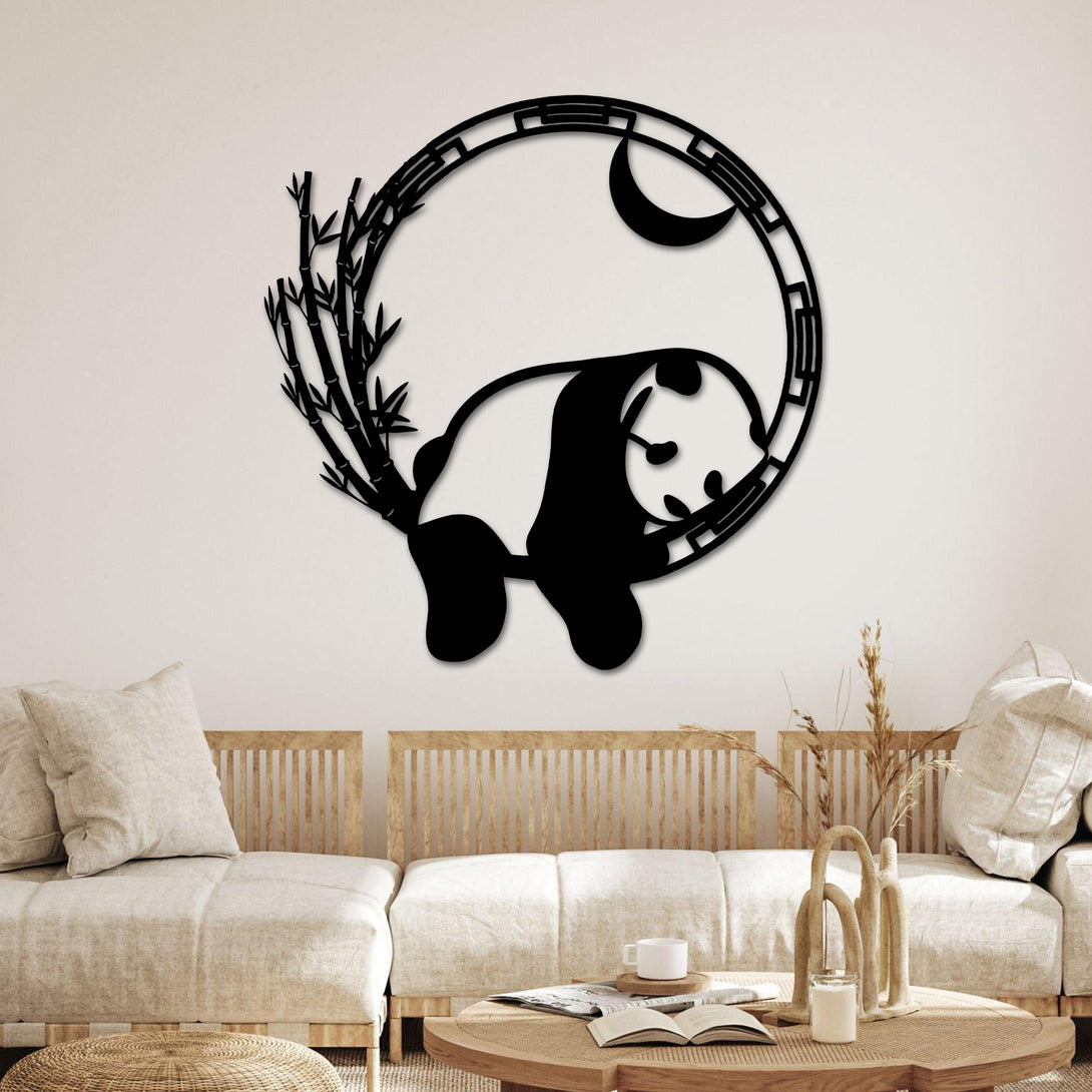 Panda Bear With Bamboo Metal Wall Art, Lazy Panda Bear Metal Sign, Cute Panda Bear Metal Wall Hanging Sign, Panda Lover Metal Sign Kids Room Decor
