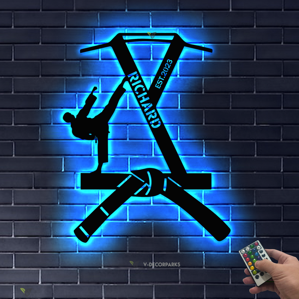 Custom Karate Black Belt And Shirt Metal Sign Led Lights, Personalized Karate Kid Metal Name Sign, Karate Martial Metal Sign Art Wall Decor