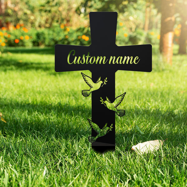Personalized Dove Cross Memorial Metal Stake, Cross Dove Memorial Metal Garden Sign, Custom Name Metal Cross Grave Marker