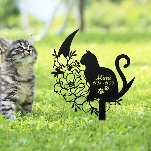Custom Floral Crescent Moon Cat Memorial Metal Stake, Personalized Cat Memorial Garden Sign, Pet Loss Metal Grave Marker, Cat Remembrance Stake