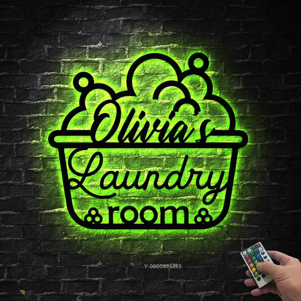 Personalized Laundry Room Metal Sign With Led Lights, Laundry Room Metal Wall Hanging, Custom Name Laundry Metal Sign, Laundry Room Metal Decor