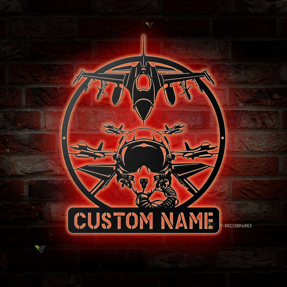 Custom Fighter Jet Pilot Metal Sign With Led Lights, Personalized Air Force Jet Fighter Metal Wall Art, Custom Jet Fighter Pilot Metal Name Sign