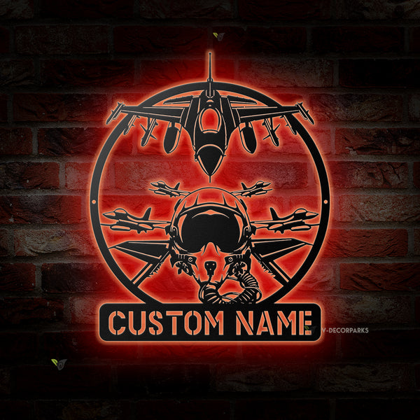 Custom Fighter Jet Pilot Metal Sign With Led Lights, Personalized Air Force Jet Fighter Metal Wall Art, Custom Jet Fighter Pilot Metal Name Sign