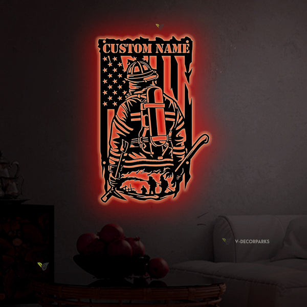 Custom Firefighter Us Flag Metal Wall Art Led Lights, Personalized Usa Fireman Metal Name Sign, Fire Department Metal Wall Hanging Decor