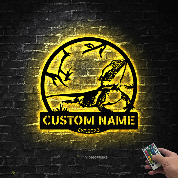 Personalized Bearded Dragon Metal Sign With Led Lights, Beard Dragon Metal Wall Art Home Decor, Custom Bearded Dragon Metal Name Sign