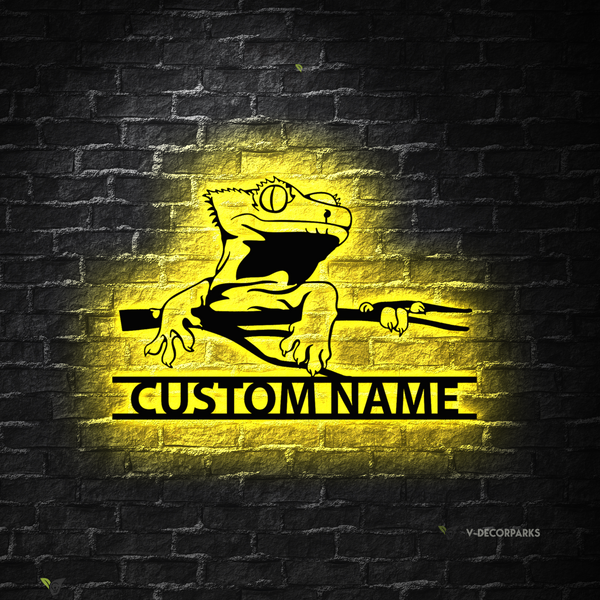 Custom Crested Gecko Metal Wall Art With Led Lights, Personalized Ledge Lizard Metal Name Sign Home Decor, Crested Gecko Led Metal Sign