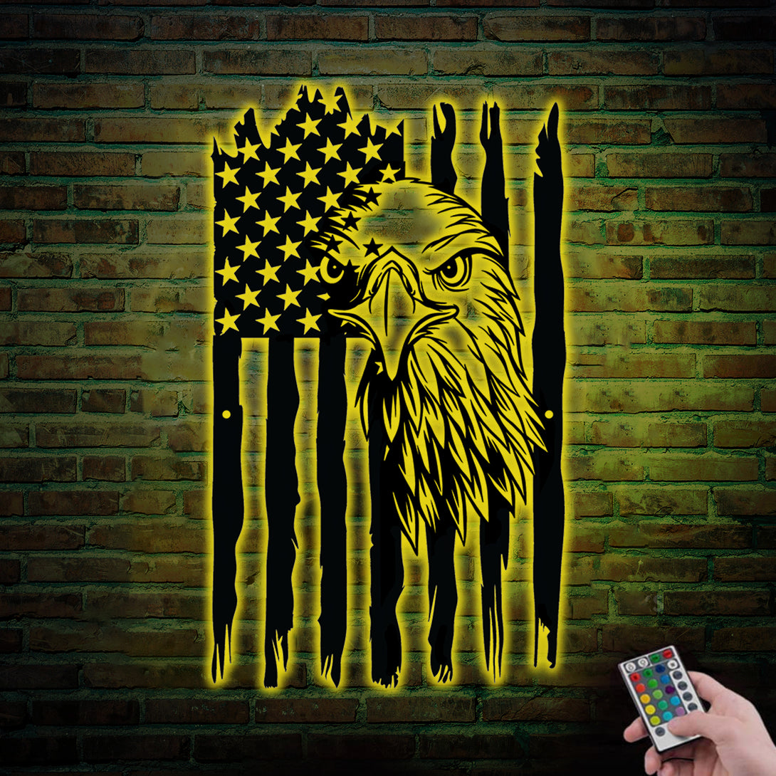 American Flag Eagle Metal Wall Art With Led Lights, Us Flag Bald Eagle Metal Wall Decor, Fourth Of July Independence Flag Eagle Metal Sign