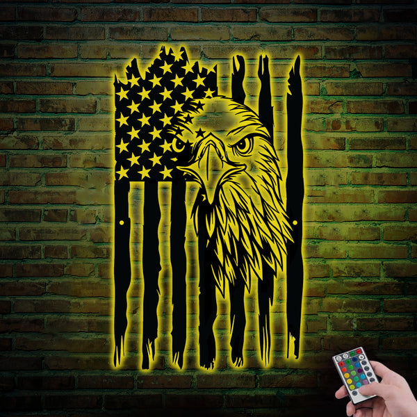 American Flag Eagle Metal Wall Art With Led Lights, Us Flag Bald Eagle Metal Wall Decor, Fourth Of July Independence Flag Eagle Metal Sign