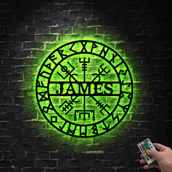 Vegvisir Viking Patch Metal Sign Art With Led Lights, Viking Compass Metal Wall Hanging Decor, Vegvisir Viking Compass Metal Room Sign