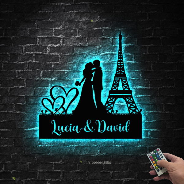 Personalized Kissing Couple Metal Wall Art Led Lights, Custom Couple Kissing Under Eiffel Tower Metal Sign, Wedding Anniversary Metal Sign