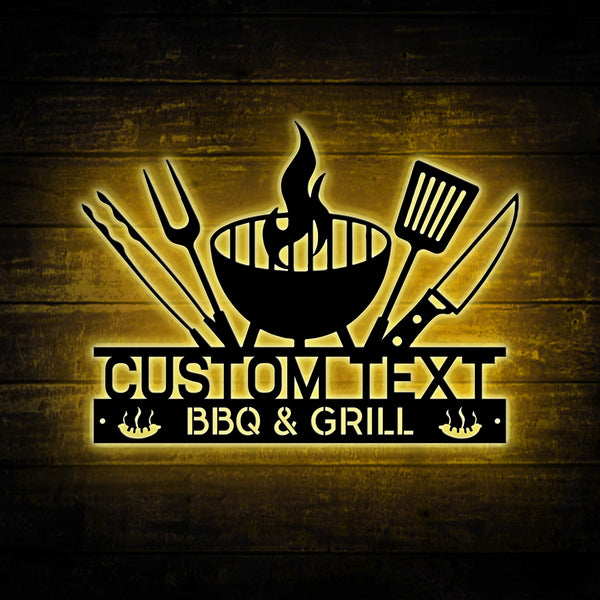 Personalized Bbq & Grill Smokehouse Metal Sign Led Lights, Custom Metal Grilling Sign, Metal Grill & Bbq Backyard Sign, Kitchen Outdoor Decor