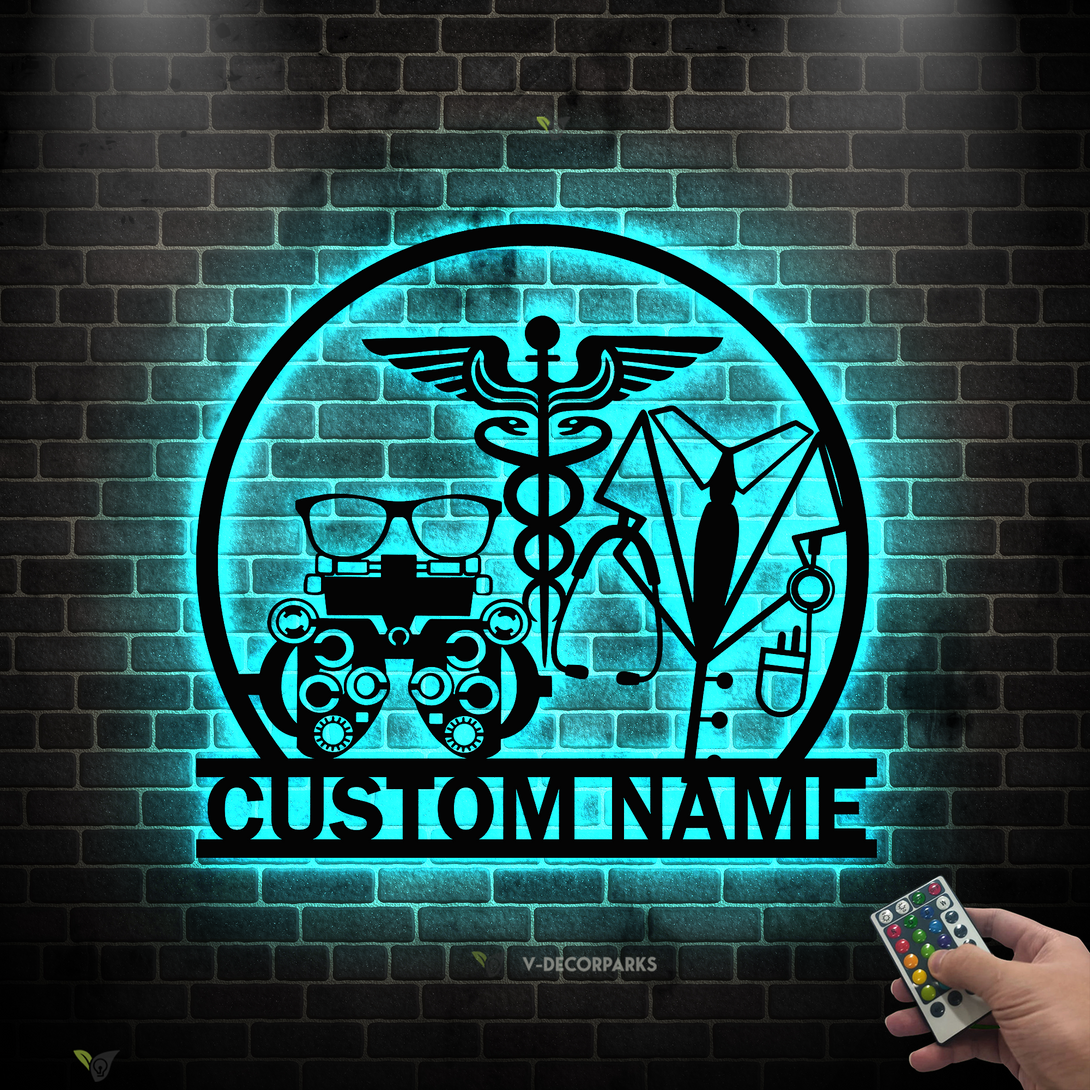 Personalized Optician Metal Wall Art With Led Lights, Custom Optometrist Eye Doctor Metal Name Sign, Optometry Clinic Metal Wall Art Office Decor