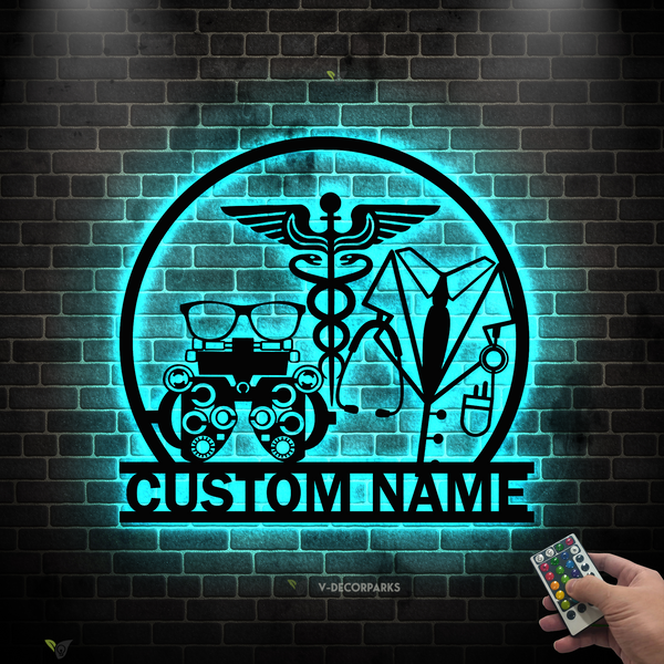 Personalized Optician Metal Wall Art With Led Lights, Custom Optometrist Eye Doctor Metal Name Sign, Optometry Clinic Metal Wall Art Office Decor